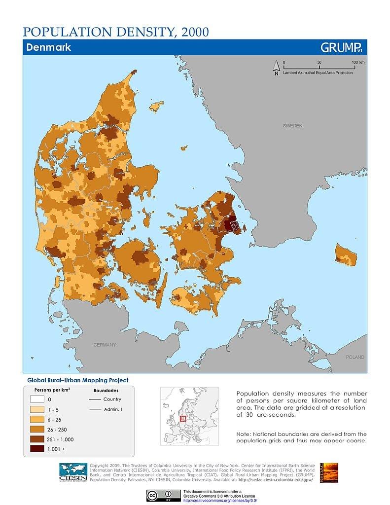 danimarka, populazio-dentsitate mapa